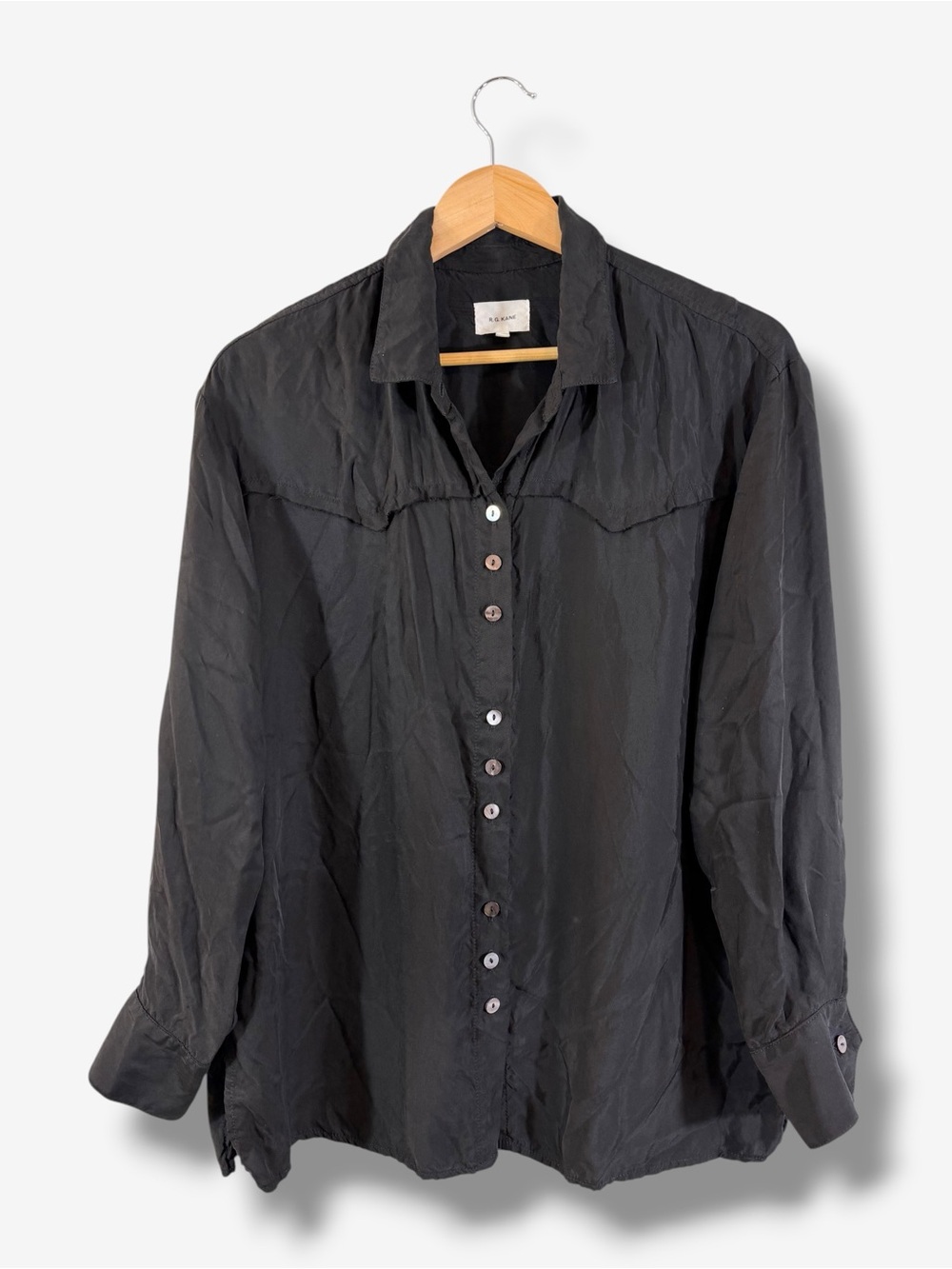 R.G. Kane Black Crinkled Western Yoke Raw Edge Button Front Blouse L